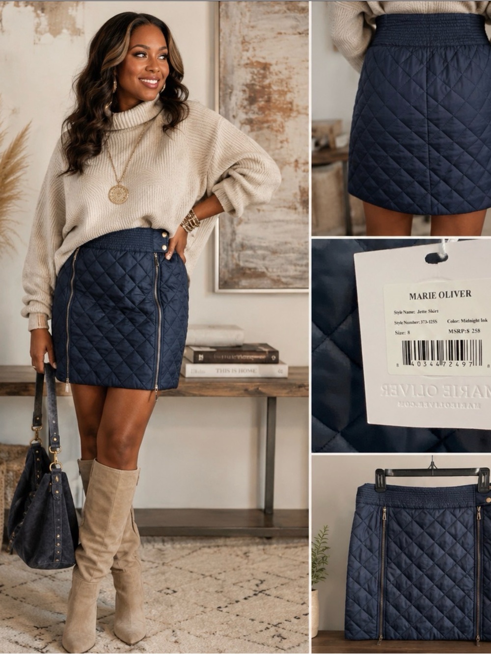 Marie Oliver Jette Quilted Mini Skirt Midnight Ink Size 8 NWT $258